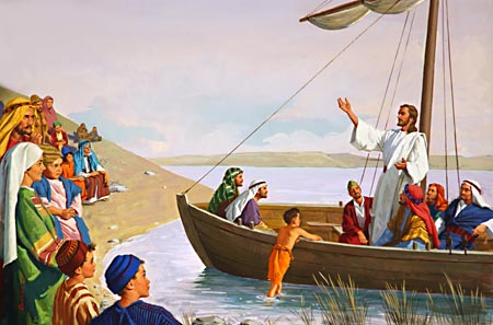 Jesus teaching from boat to crowd